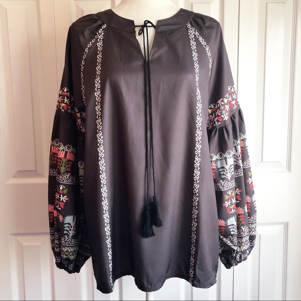 Misslook Gray Boho Print Long Sleeve Oversized Peasant Blouse